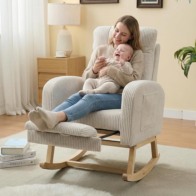 NIOIIKIT Nursery Rocking Chair, Corduroy Upholstered Rocking Chair