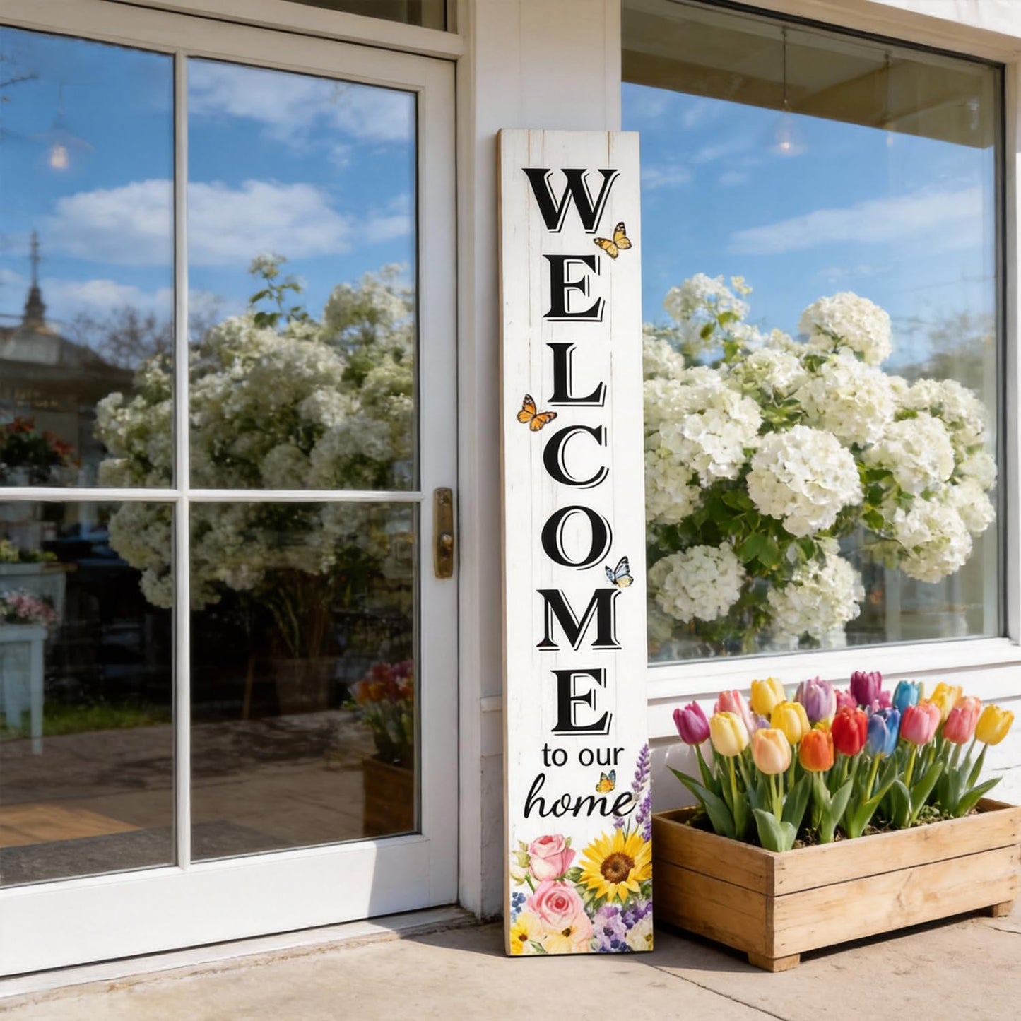 Welcome Sign for Front Door, Large 47 inch Wood Framed Welcome to Our Home Sign with Spring Flower Print & Hanging Rope, Vertical Farmhouse Wooden Board Standing for Outdoor Yard Patio