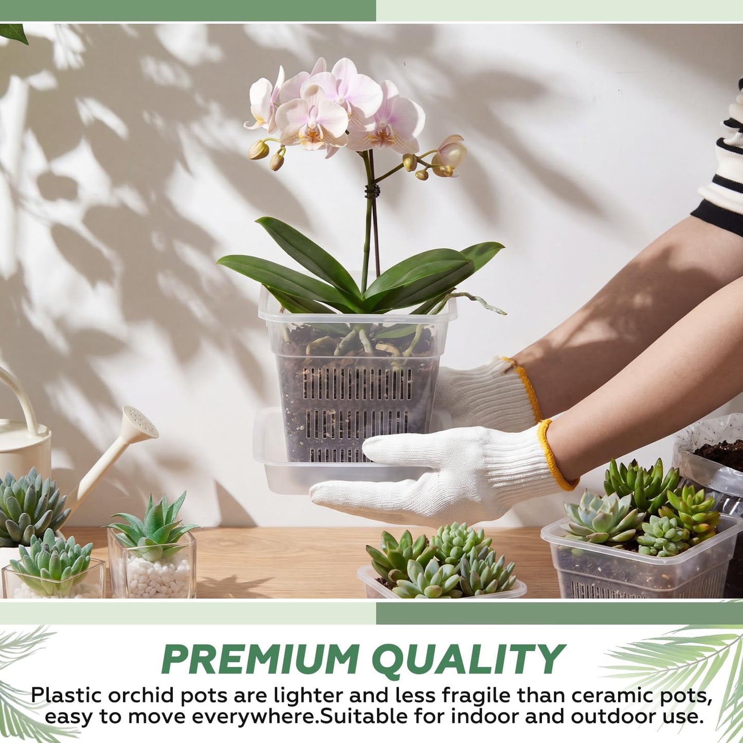 Wonderjune 6 Set Clear Orchid Pots with Holes and Saucers, 2 Each of 4", 4.7", 5.9" for Repotting, Plastic Planter Flower Slotted Square Nursery Pots with Drainage for Root Health Indoor Outdoor