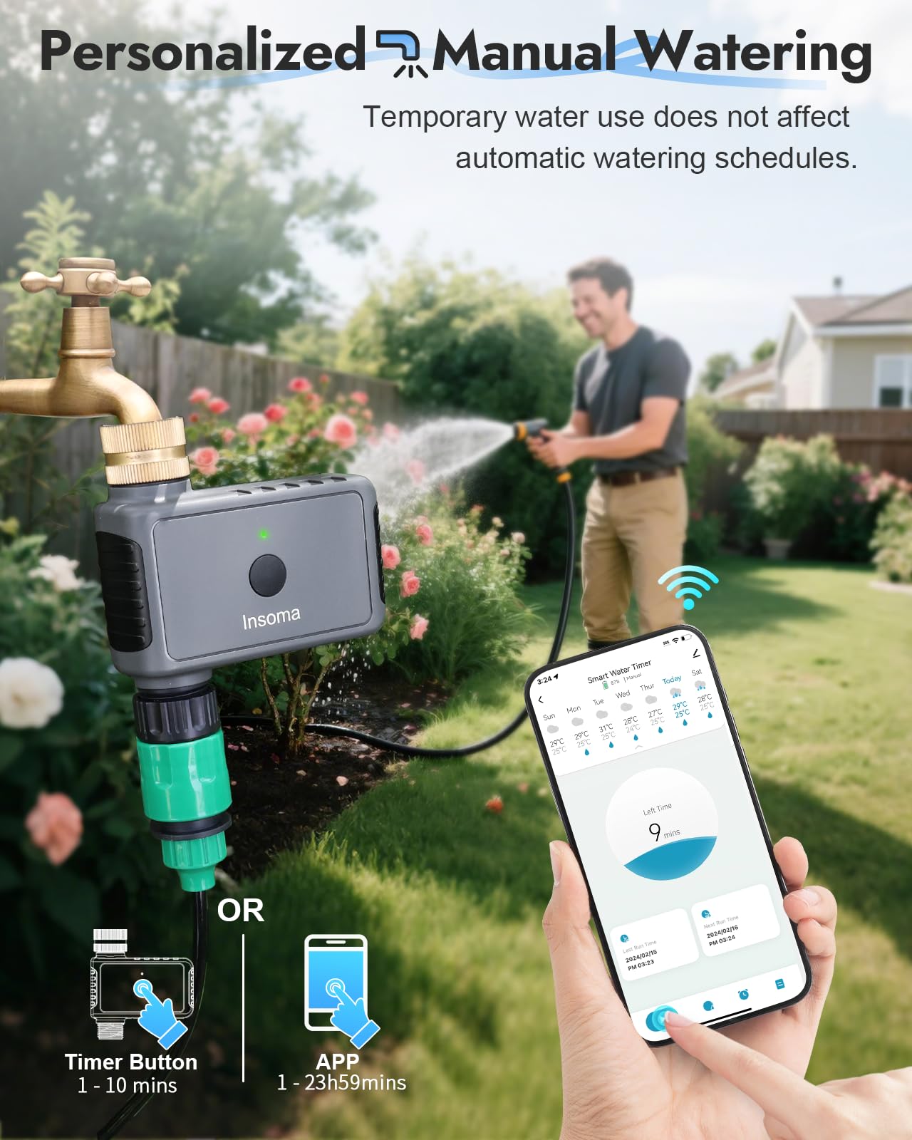 WiFi Water Timer Brass Inlet, 1-Zone Smart Hose Faucet Timer App & Voice Control via 2.4GHz WiFi, Sprinkler Timers w/Auto/Manual/Rain Delay Modes for Garden/Lawn, Works with Alexa & Google Assistant