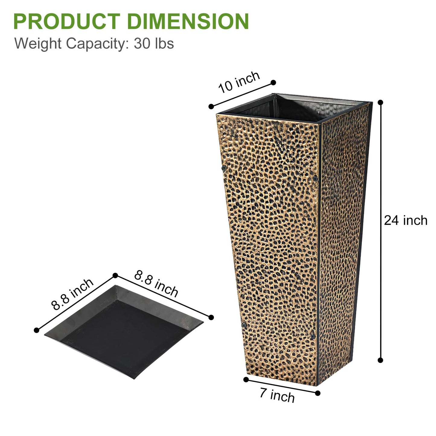 BAYN 2-Pack 24" Tall Metal Planter – Hand-Hammered Textured Large Copper Flower Pots Box with Saucer for Outdoor&Indoor, Garden, Porch, Patio, Yard with Pre-Drilled Drainage Holes