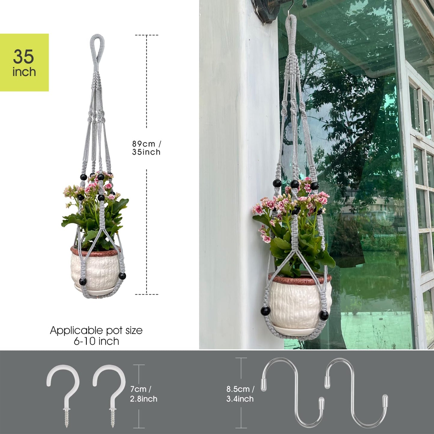 Macrame Plant Hanger for 5 to 10 Inch Plant Pots, Set of 2 Indoor Handmade 35 Inch Woven Rope Hanger Kits with Hooks and Wood Beads, Hanging Planter Basket Holder for Boho Home Decor (Grey, 2 Pack)