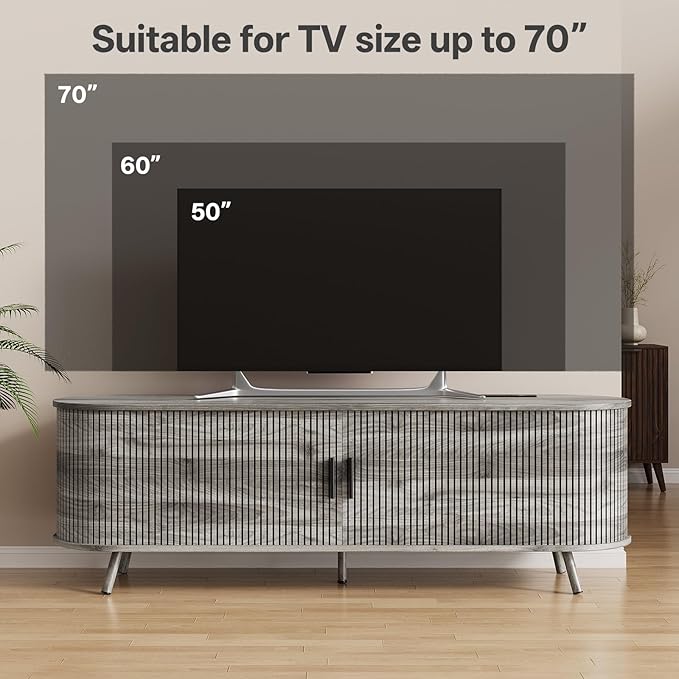 63 inch TV Stand with Power Outlet, Fluted Entertainment Center