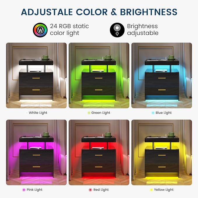 HNEBC Auto LED Nightstand with Wireless Charging Station & USB Ports, High