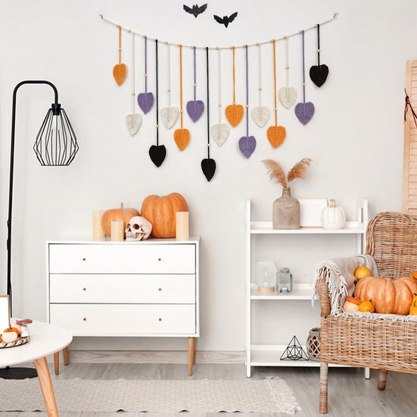 HVEST Halloween Macrame Wall Hanging Boho Decor, Purple Leaves Handmade Woven Tapestry for Bedroom Black and White Bohemian Macrame Wall Art for Living Room Decorations, 29.5L X 47W