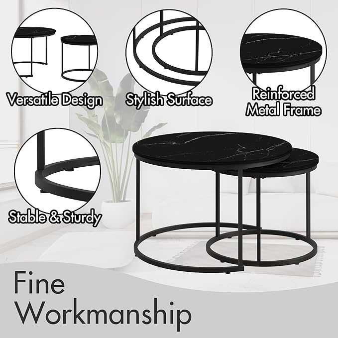 Homy Casa 27.6inch Round Coffee Table Set of 2, Modern Nesting Coffee Tables