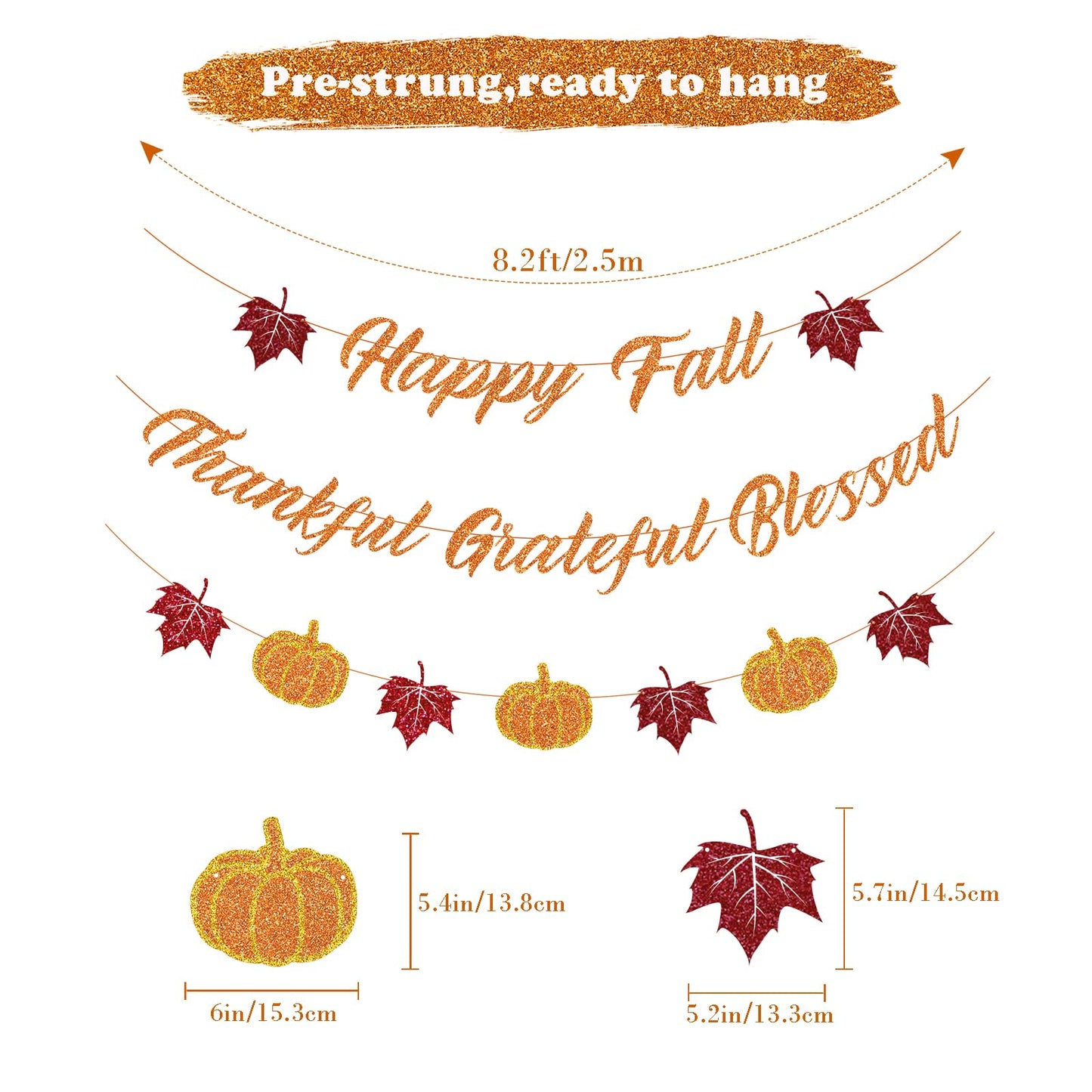Tinbax Fall Decorations Home Thanksgiving decor - Happy Fall and Blessed Grateful Thankful Banner with Pumpkin Maple Leaves Sign Garland Banner(Pre-Strung)