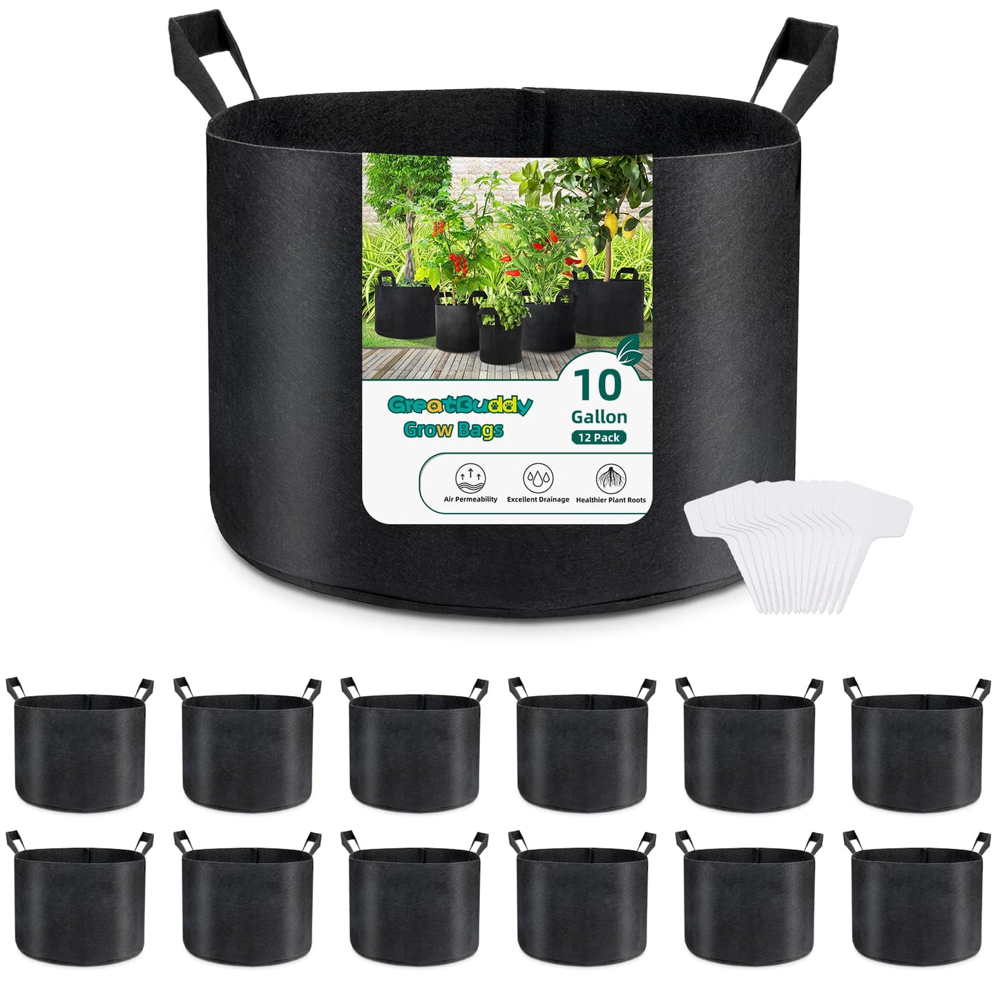 GreatBuddy Grow Bags 10 Gallon 12-Pack, Heavy Duty Fabric Grow Bags with Handles for Vegetables, Herbs, and Tomatoes, Fabric Pots & Planting Bags for Outdoor Home Gardening