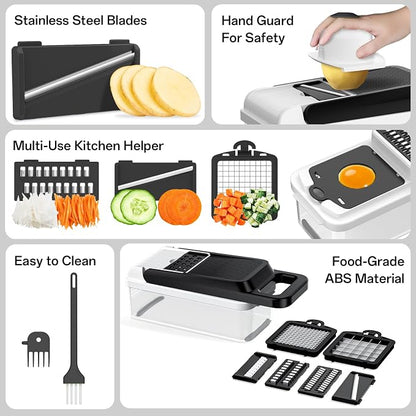 HomeHacks Vegetable Chopper Vegetable Cutter, 12 in 1 Kitchen Gadget, Dicer, Slicer, Onion Cutter, Salad, Cheese Grater & Egg Separator - Multi-Functional Veggie Chopper Lid with Handle (White)