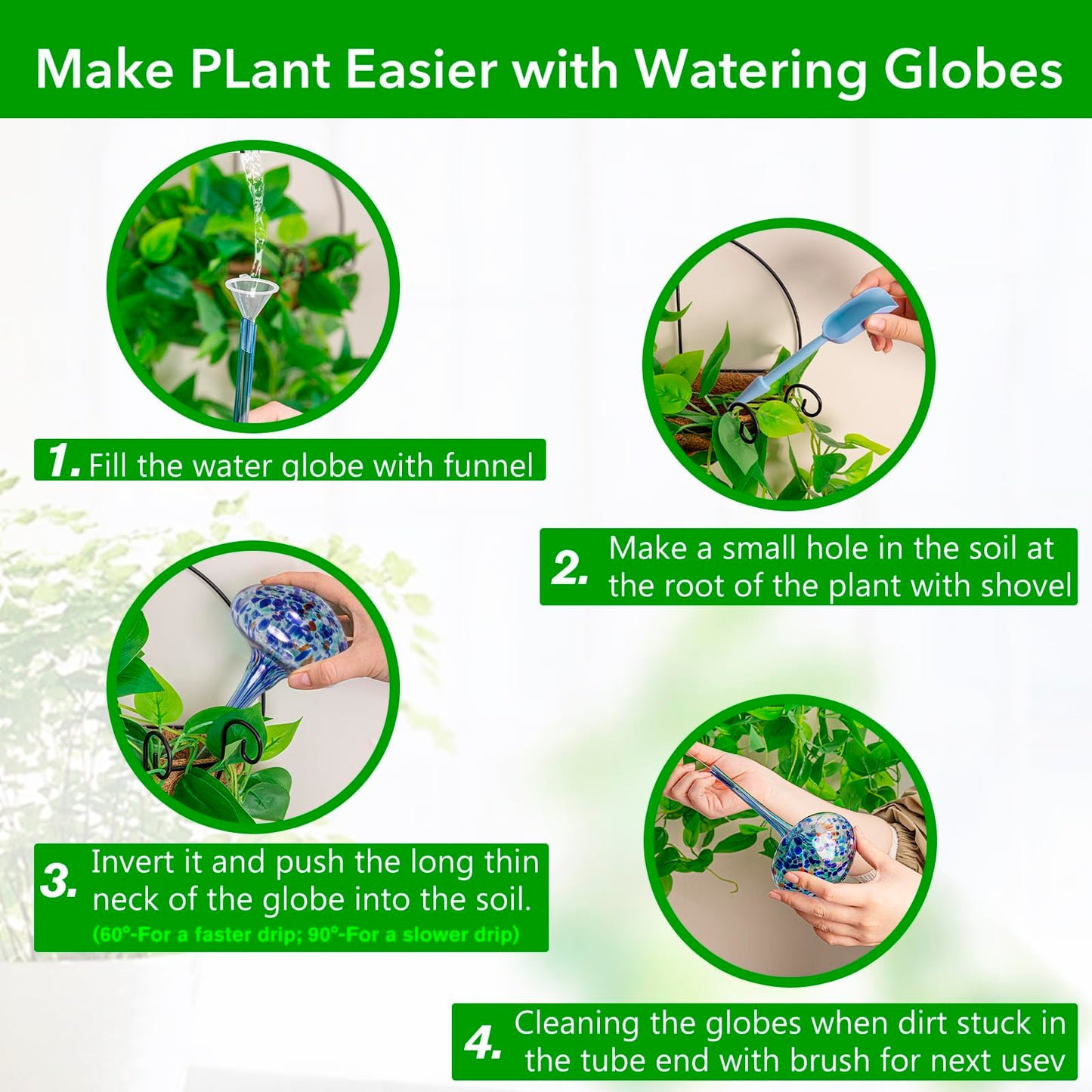 Plant Watering Globes 8"L x 3.5"D, 4Pcs Large Self Watering Planter Insert Glass Plant Watering Devices for Indoor Outdoor Plants, Mushroom Automatic Plant Waterer Watering Spikes Bulbs+Funnel &Shovel