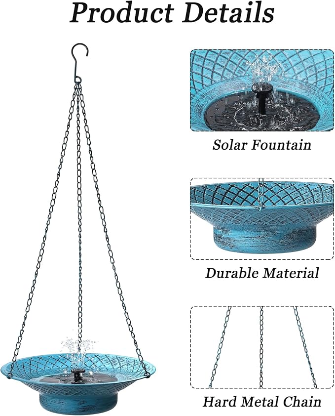 12.6" Hanging Bird Bath with Solar Fountain, Solar Bird Bath Fountains, Hanging Bird Baths for Outdoors, Hummingbird Fountain, Bird Bath Fountains Solar Power for Garden Patio Decor, Blue