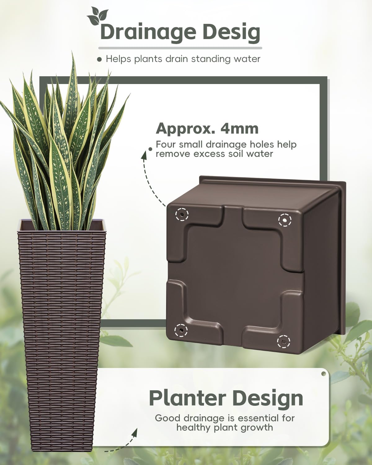 Acurax 24 Inch Tall Plastic Planters (Set of 2), Detachable Inner Pot & Drainage Holes, Outdoor Decorative Flower Pots for Large Plants, Trees, Patio, and Garden, Brown