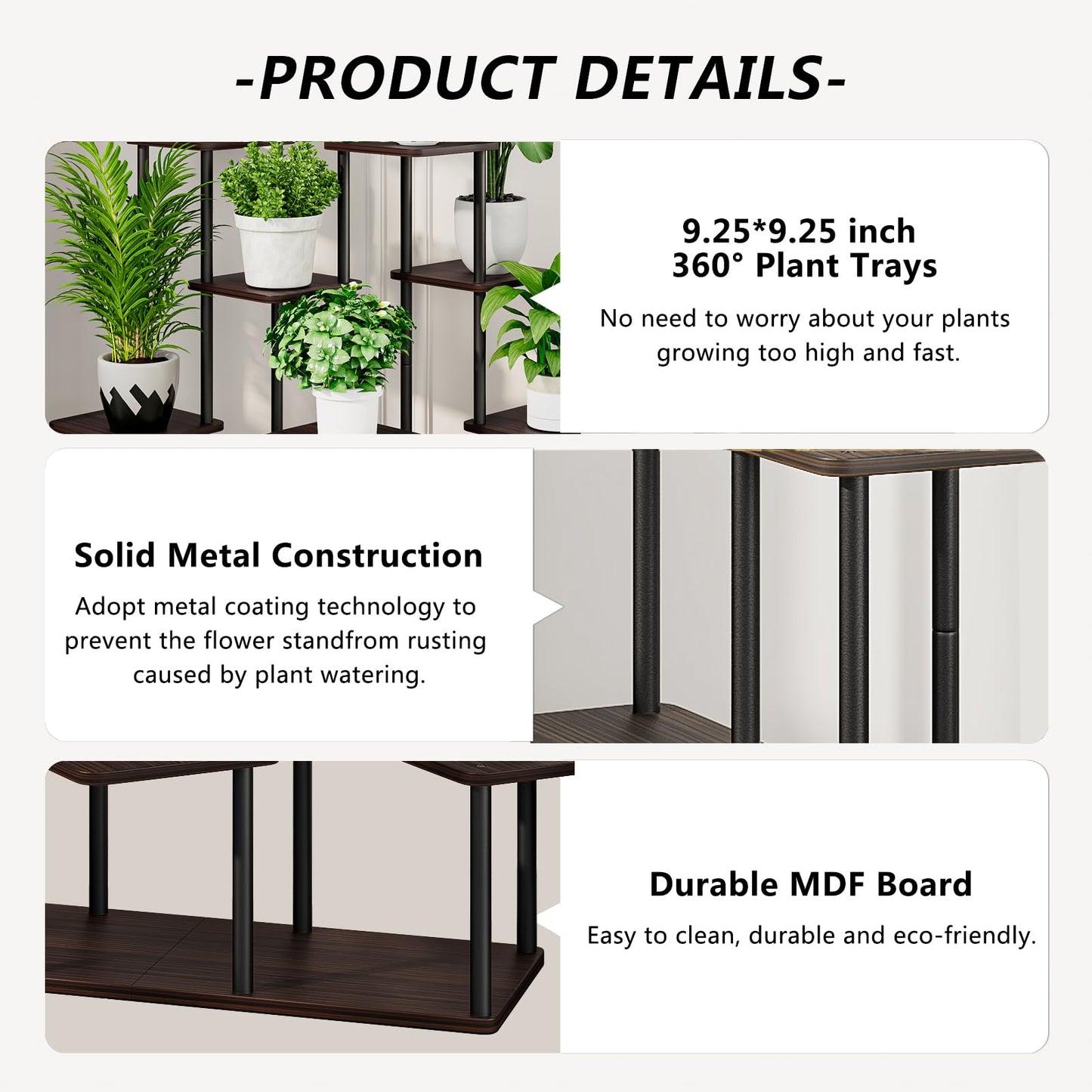 AZERPIAN Plant Stand 9 Tier Indoor Metal Flower Shelf for Multiple Plants Corner Tall Flower Holders for Patio Garden Living Room Balcony Bedroom, Black Oak