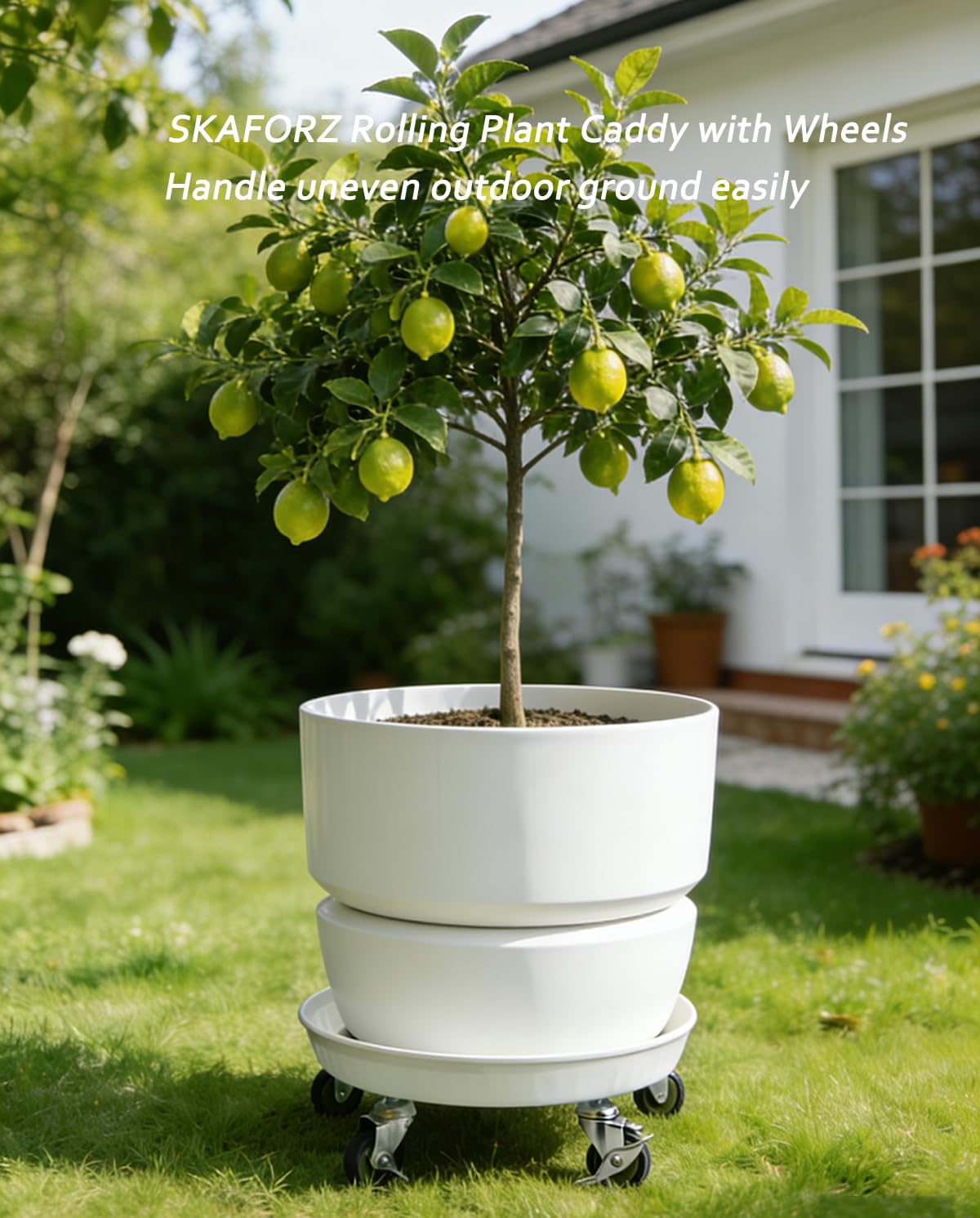 SKAFORZ Rolling Planter Caddy(430lbs Capacity), Heavy Duty Metal Plant Stand with Brake Wheels Plant Dolly Mover Plant Pot Tray Saucer for Indoor Outdoor 16 Inches White 2Pack
