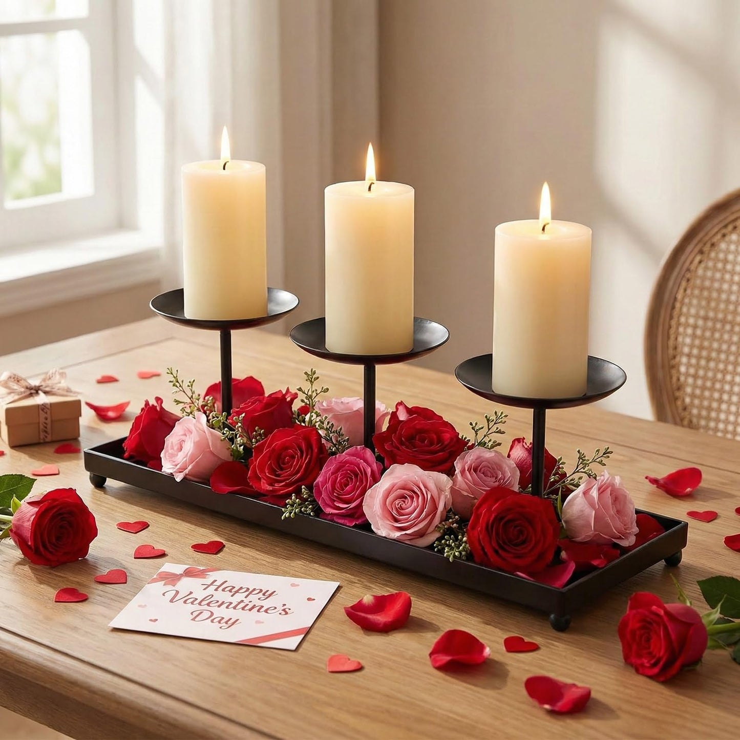 flangairy 3 Pillar Black Metal Candle Holders for Table Centerpiece, Fall Thanksgiving & Halloween Dining Table, Fireplace Mantel Decor, Tray Candlestick for Living Room Rustic Decorations