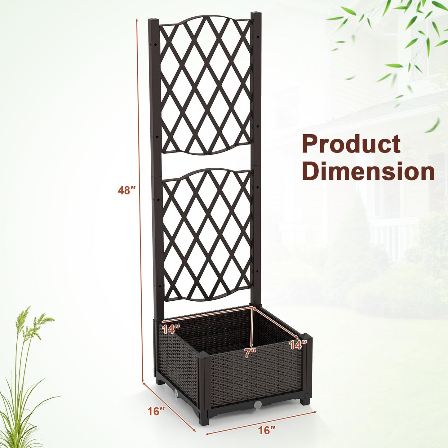 Giantex Raised Garden Bed with Trellis, Garden Planter for Vine Climbing Plant Vegetable Herb Flower, Outdoor Standing Garden Bed with Drainage Hole for Yard Balcony Entryway 16"x16"x 48"