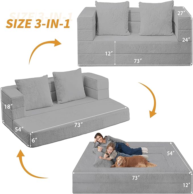 Futon Sofa Bed with Pillow, 3-in-1 Sleeper Sofa Bed with Removable Cover
