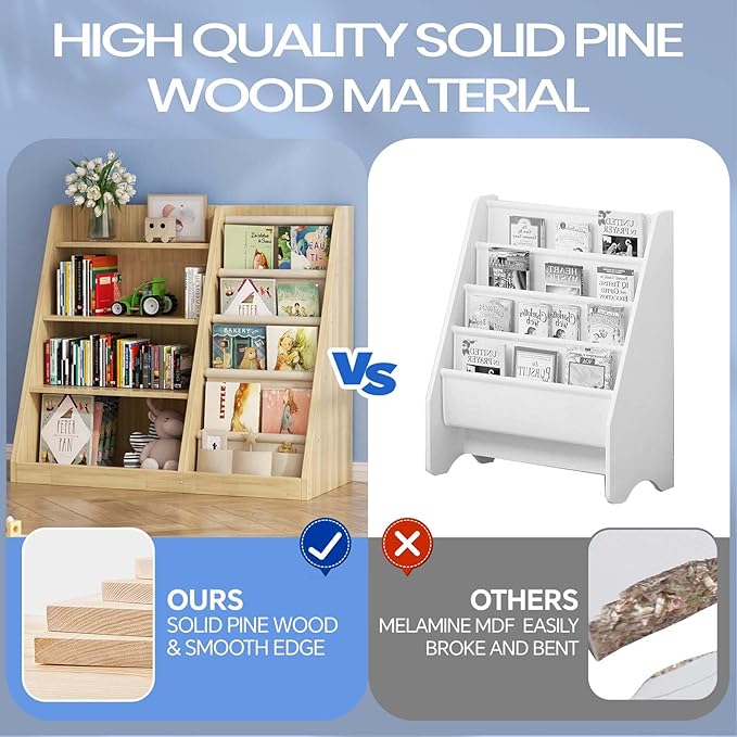EXPERLAM Kids Bookshelf and Toy Storage Organizer, 4 Tier Wooden Kids Book Shelf