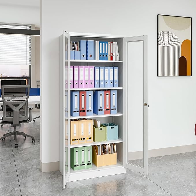 Glass Display Cabinet With Doors, 4 Adjustable Shelves