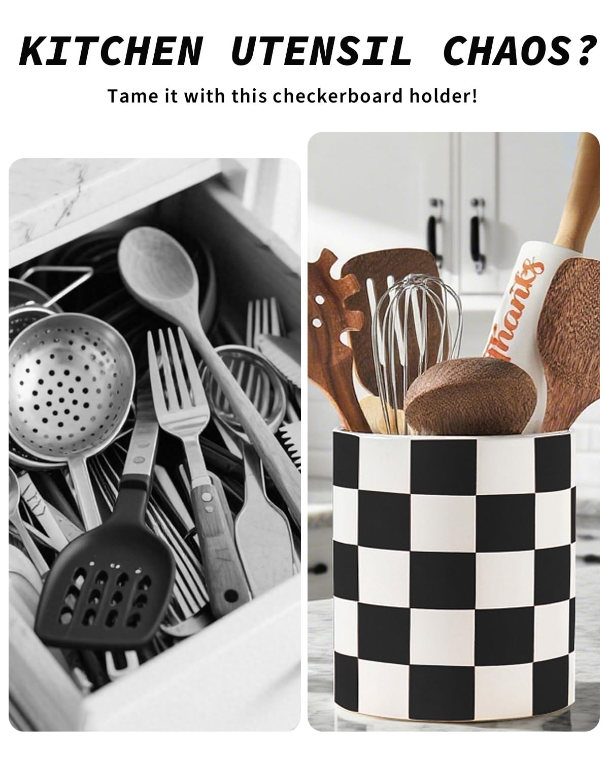 Swkien Checkered Kitchen Utensil Holder - 7.2" Ceramic Utensil Crock for Countertop, Kitchen Decor and Accessories for counte (Black)