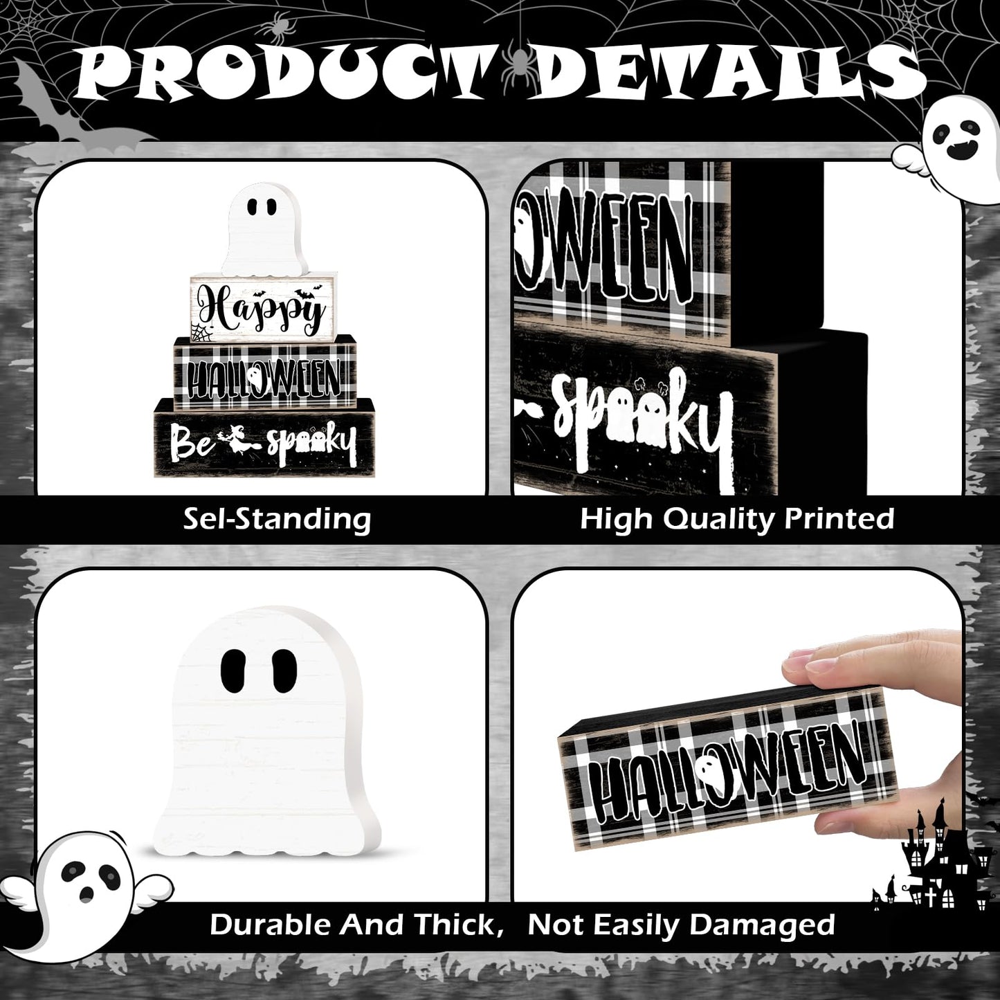 Britimes 4 Pcs Halloween Decorations for Home Ghost Table Decor Halloween Tiered Tray Decorations Set Gift Spooky Stack Block Signs Rustic Farmhouse Tabletop Decor for Table & Home Office