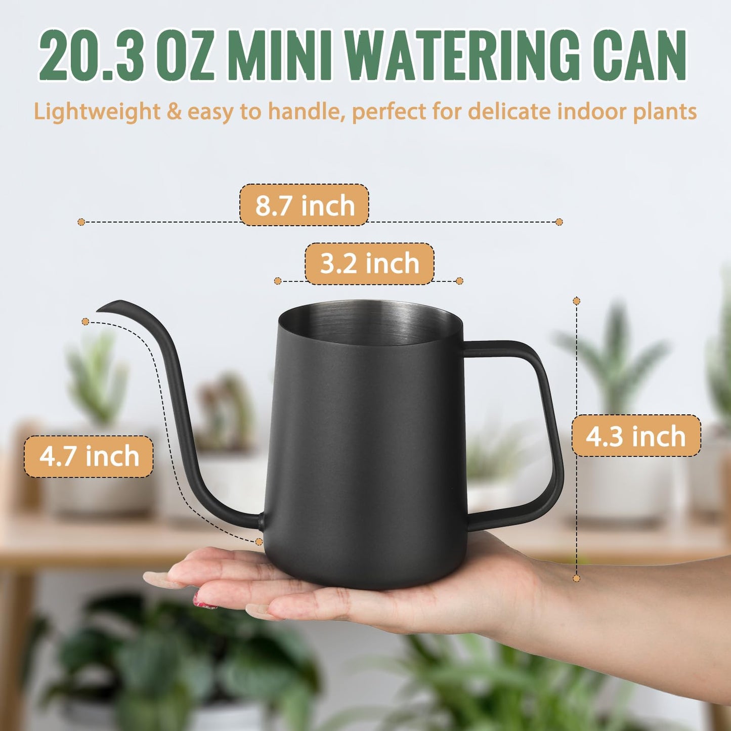 Small Watering Can Indoor Plants - 20 oz Mini Stainless Steel Watering Can with Long Spout Rust-Proof Tiny Metal Watering Can for Small House Plants Flowers Home & Office Black