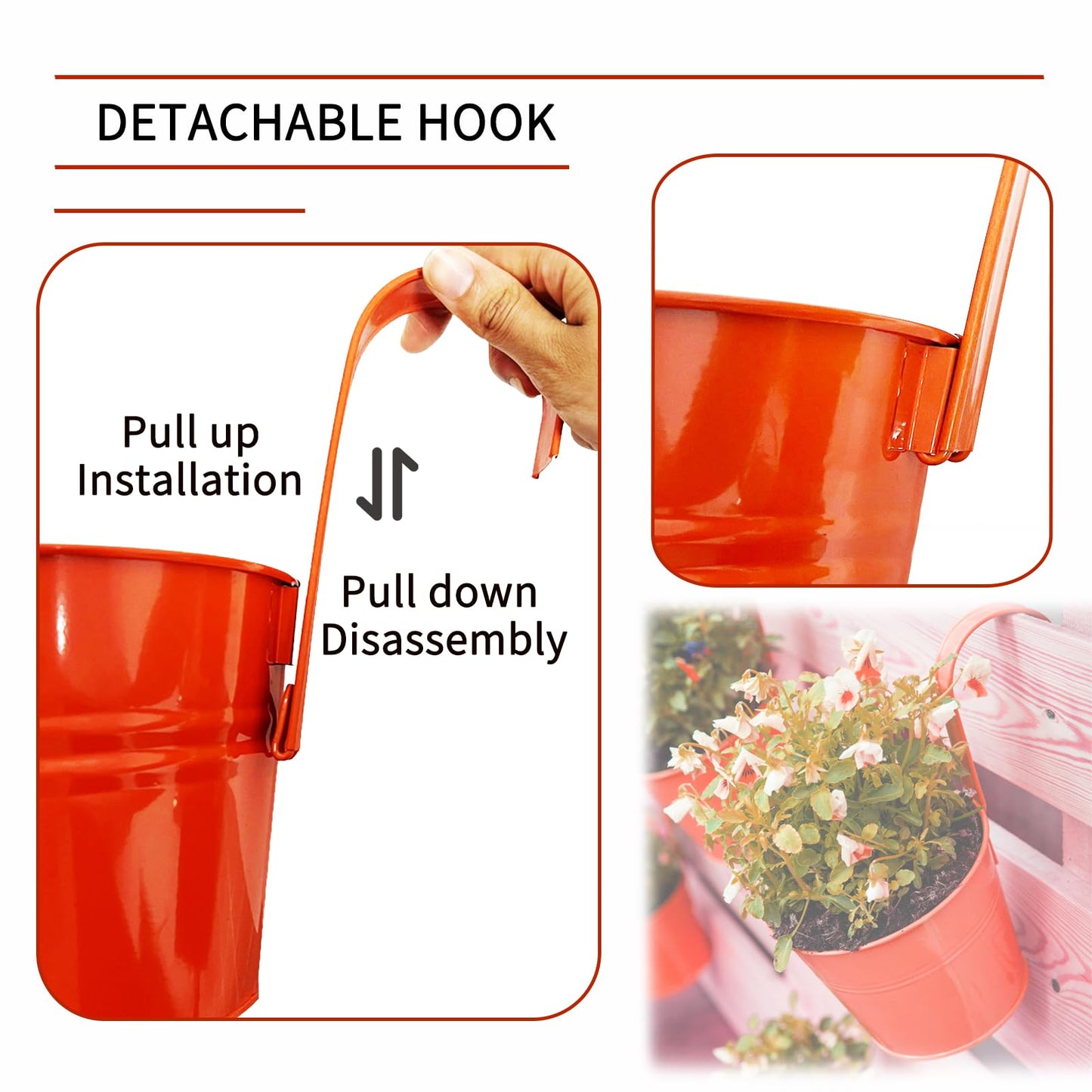 8 Pieces of 6.3 Inch Metal Iron Hanging Flower Pots, Balcony Planters Railing Hanging,Colorful Hanging Flower Pots, Garden Fence Balcony Home Decoration, with Drainage Holes and Detachable Hooks