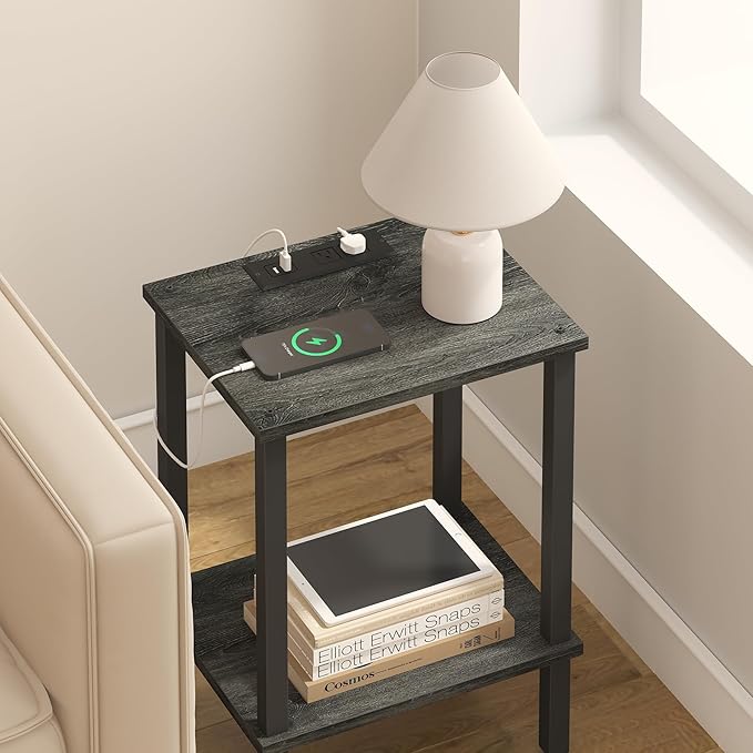 TUTOTAK End Table with Charging Station, Small Side Table, Nightstand Bedside