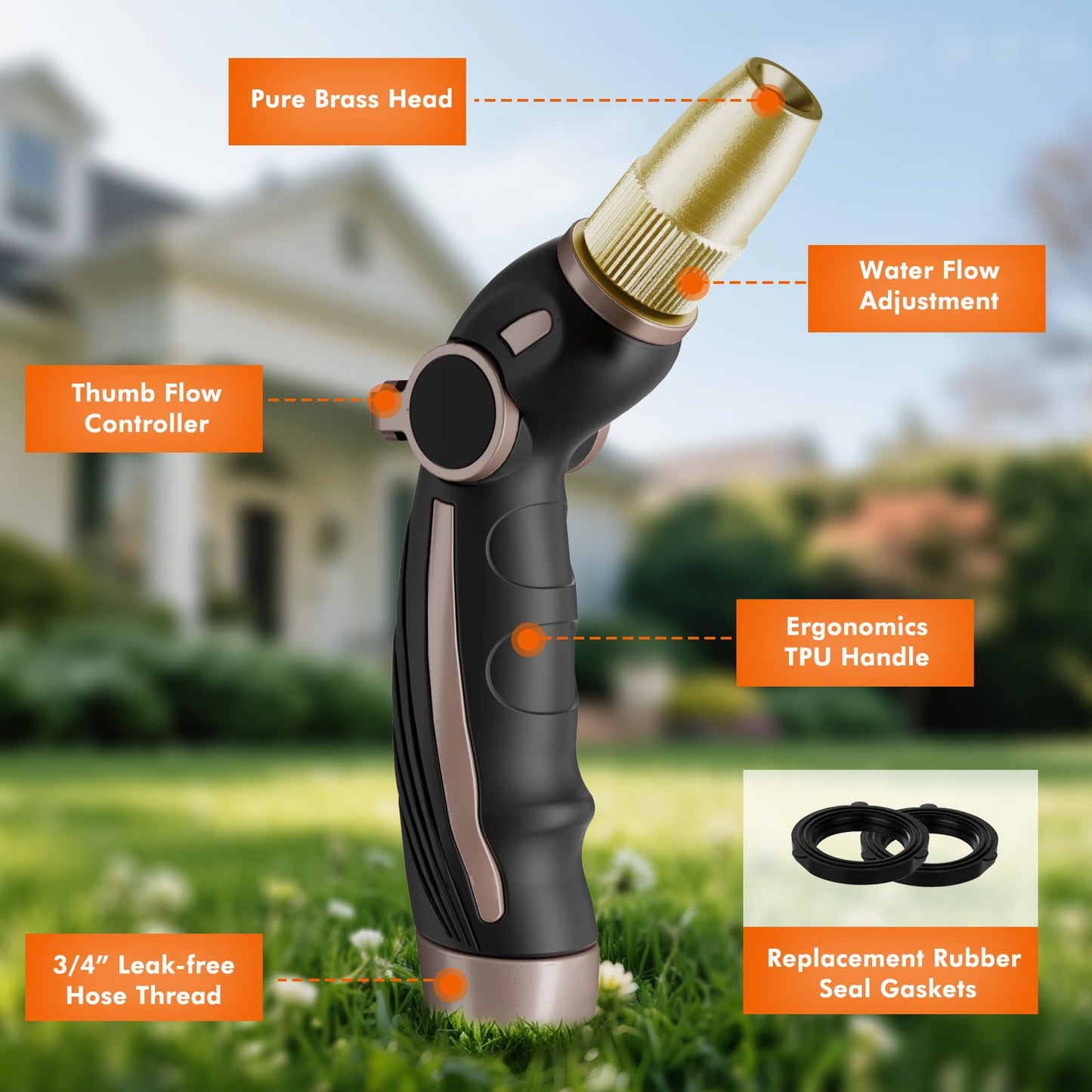 RESTMO High Pressure Hose Nozzle Sprayer, Heavy Duty Brass Head, Metal Water Hose Nozzle for Car Washing, Garden Cleaning, Lawn and Plant Watering, 4 Spray Patterns, Brown