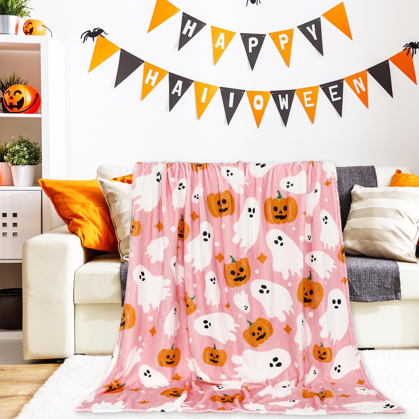JarThenaAMCS Halloween Fuzzy Flannel Blanket 60 x 50 Inch Ghost Pumpkin Throw Blanket Pink Soft Blankets for Farmhouse Home Chair Sofa Couch Bed