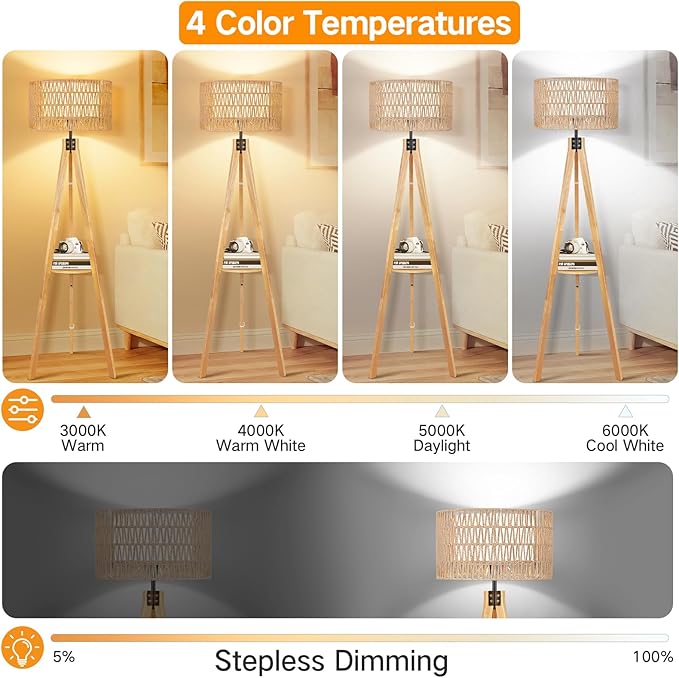 OUTON Boho Rattan Tripod Floor Lamp