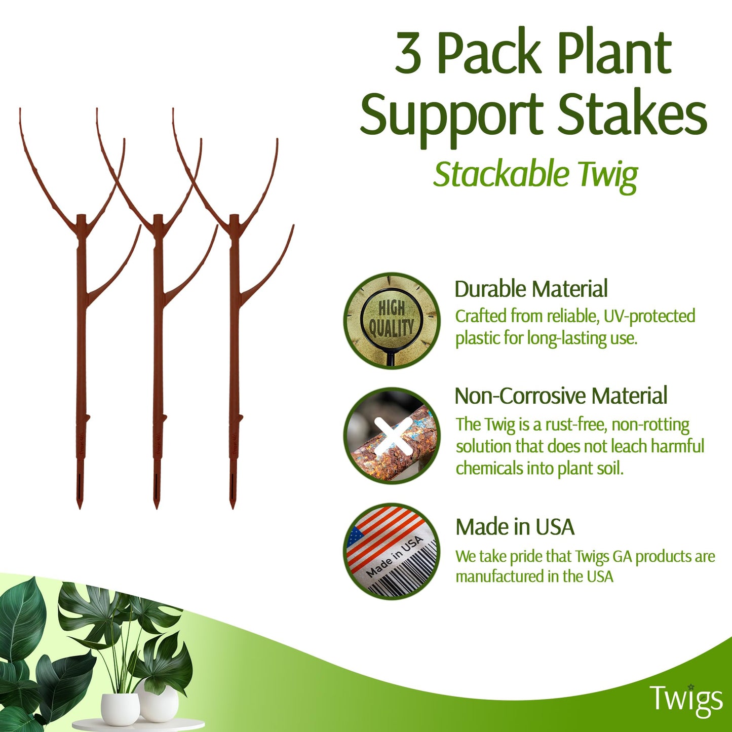 Twigs GA - Stackable Plant Support Stakes, Indoor & Outdoor Houseplant Stem Support, Garden Accessories, Durable Trellis Alternative for Climbing & Potted Plants - Begonia Red, 3 Pack, 17" L