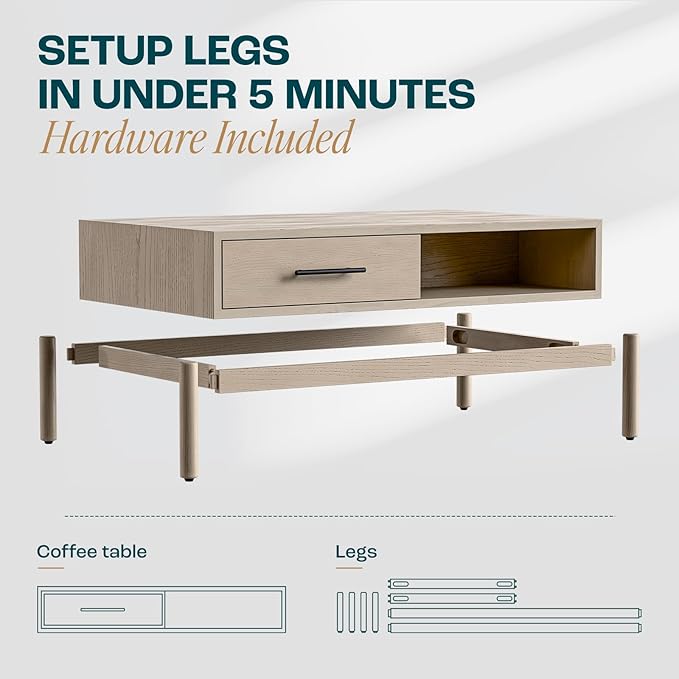 Bme Coffee Table for Living Room, Lyra Solid Wood Rectangle, Mid Century Modern