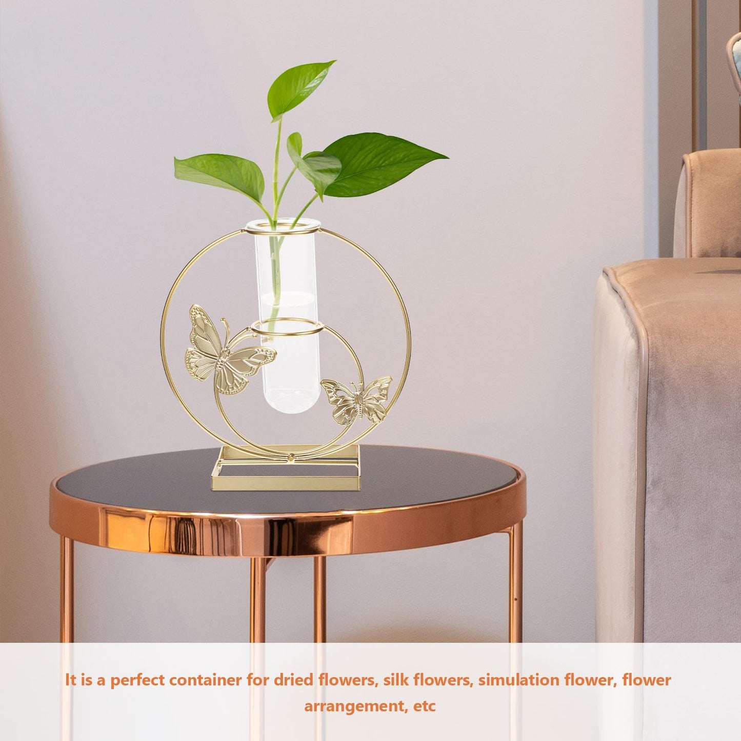 BESPORTBLE Hydroponic Desktop Vase Ornament with Butterfly Pattern, Round Glass Plant Terrarium, Metal Framed Flower Vase for Home Décor and Living Room Table Display