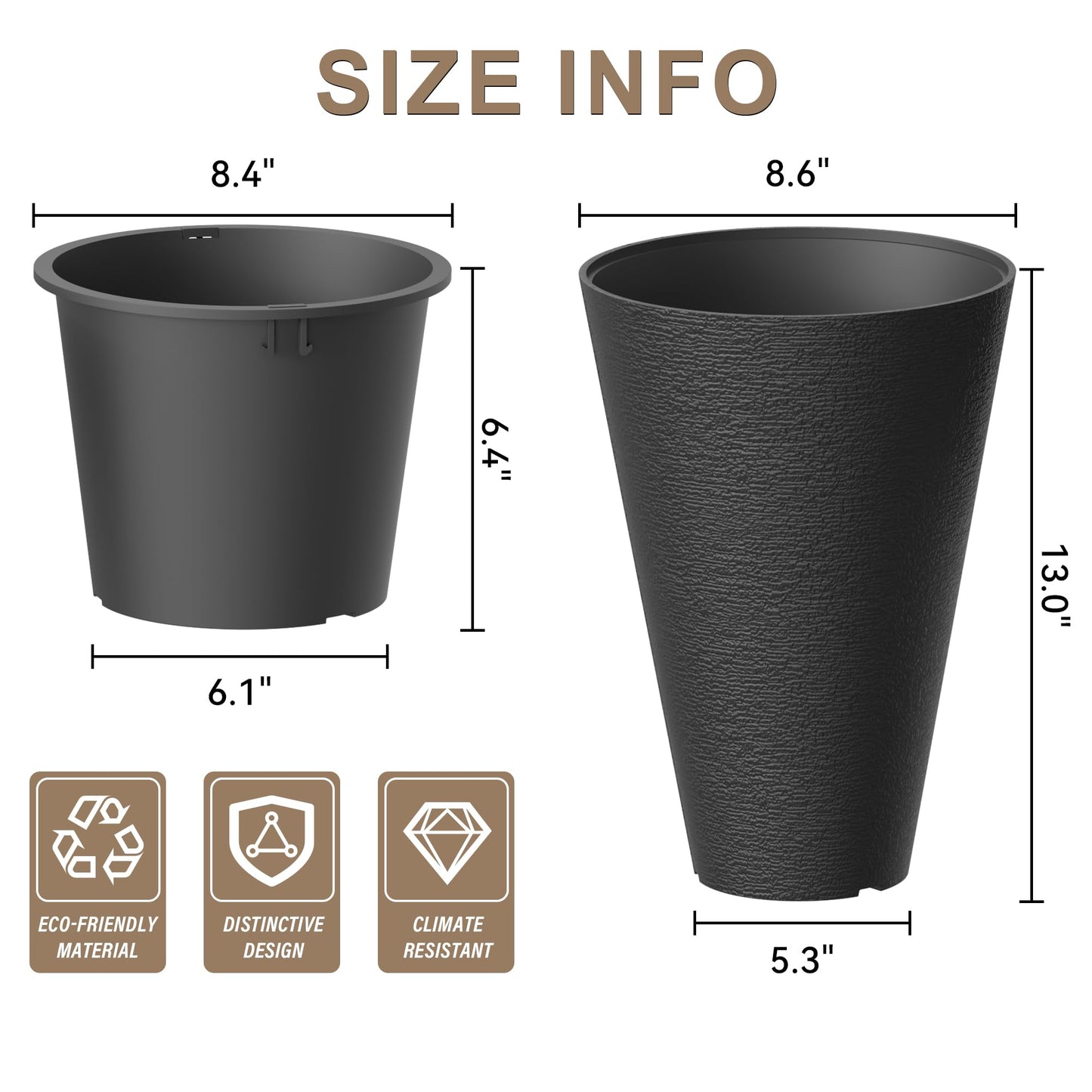 Kante Tall Round Planter Set of 2, 13 Inch Tall Decorative Planter Pots for Outdoor Indoor Garden Patio Front Porch (Black)