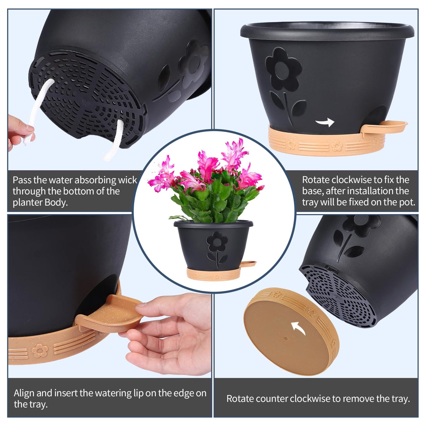 Plant Pots 10 Inch Set of 4, Self Watering Pots with Drainage Holes, Saucer & Reservoir, Flower Pots for Indoor/Outdoor Plants, Decorative Nursery Planting Pots (Black)