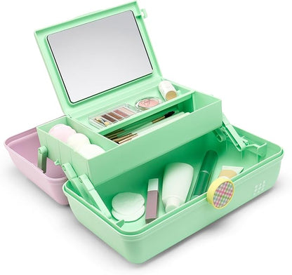 Caboodles On-The-Go Girl Makeup Box, Two-Tone Lavender and Light Green, Hard Plastic Makeup Organizer Box, Built-In Mirror, Secure Latch for Safe Travel, Spacious Storage for Large Items