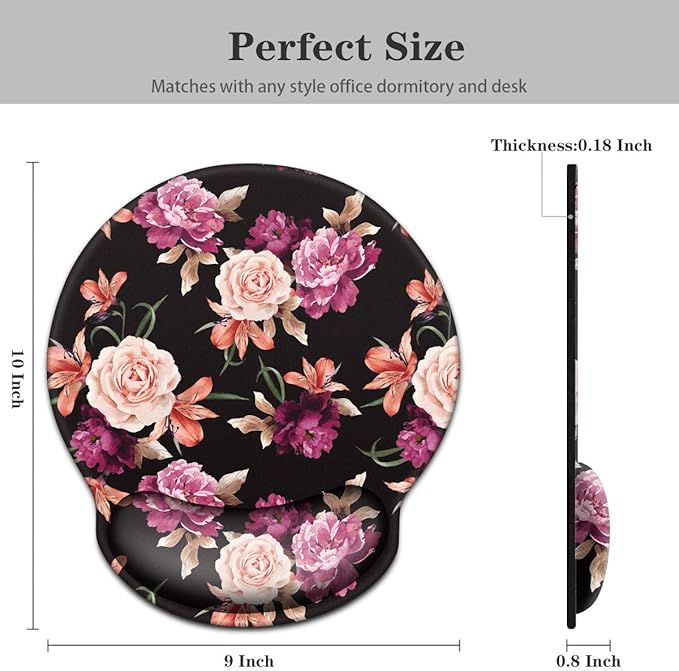 WAVEYU Mouse Pad with Wrist Support, Cute Designed Mouse Mat, Non-Slip Rubber Base Mousepad for Laptop, Computer, Black Flower