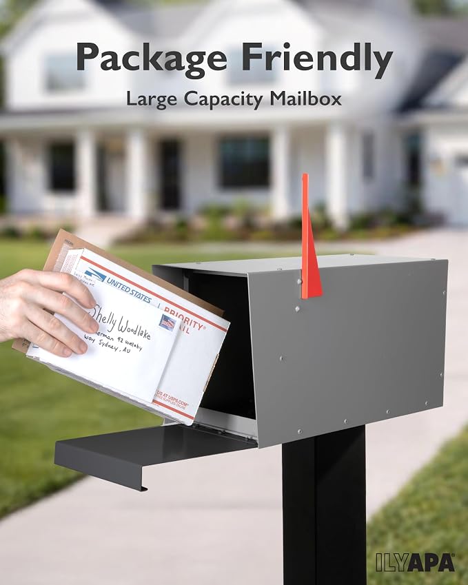 Ilyapa Modern Mailbox for Post Mount - Gray with Black Door Powder Coated Steel, Waterproof Letter Box for Parcels, with Recessed Magnetic Close Door
