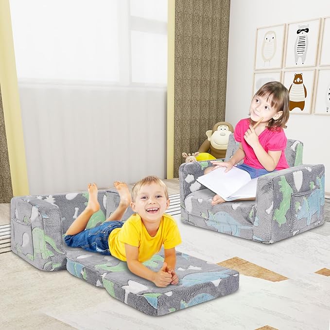 2-in-1 Soft Plush Toddler Couch & Chair – Fold Out Convertible Sofa to Lounger
