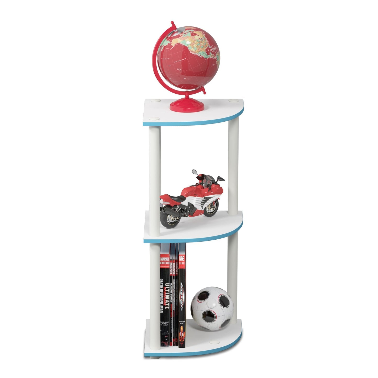 Furinno TURN-N-TUBE Corner Shelf, 3-Tier Corner Bookshelf, Display Storage Shelves with Open Shelves, for Organization and Storage, Living Room, Home Office, Garage, Light Blue