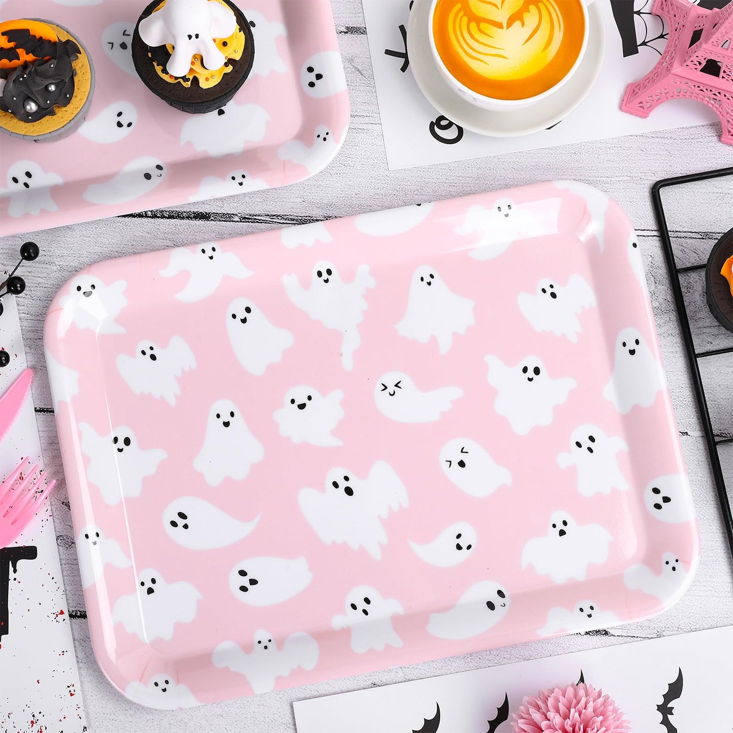 JarThenaAMCS 3Pcs Halloween Serving Trays Pink Ghost Platter Cute Ghost Reusable Serving Dishes for Birthday Baby Shower Party Sharing Snacks Fruit Dessert, 13 x 10 Inch