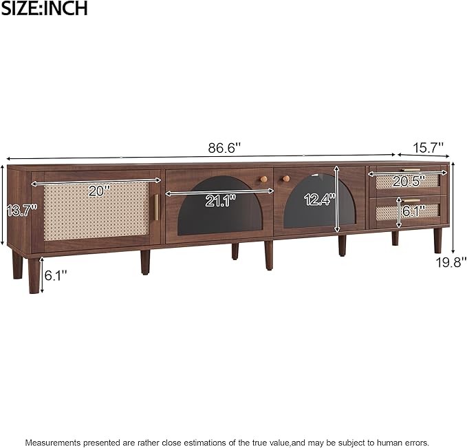 Merax Rattan TV Stand with LED Lights, Solid Wood Feet, Living Room, Bedroom