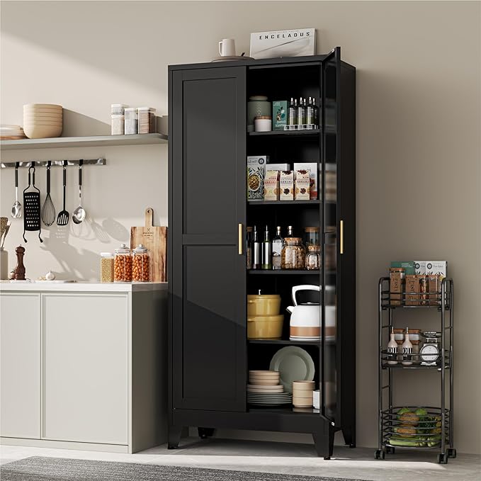 YAUWOH 71''Metal Cabinet with 4 Adjustable Shelves, 5-Tier Pantry Storage