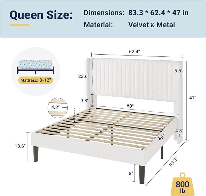 Allewie Queen Size Velvet Bed Frame/Vertical Channel Tufted Wingback