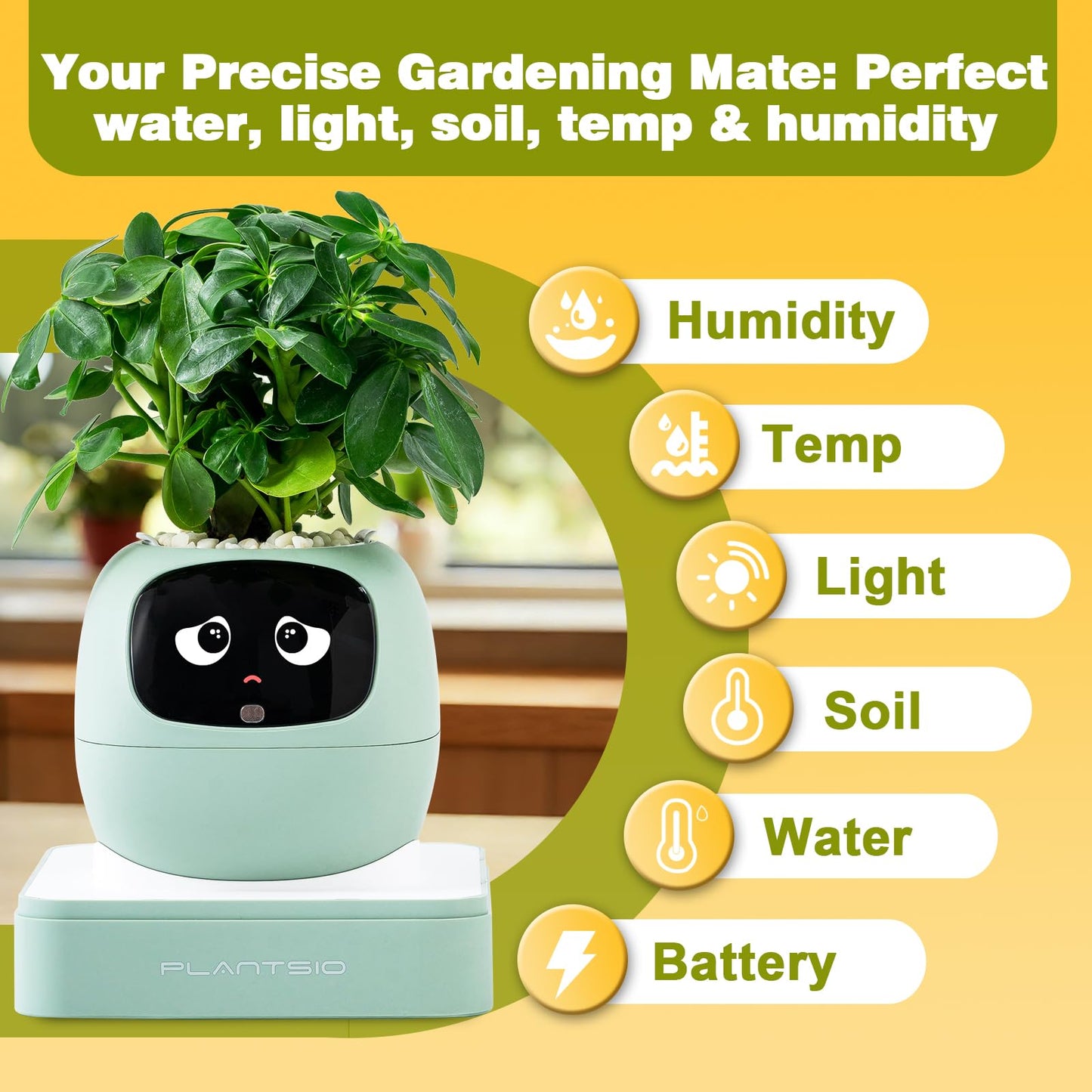 Smart Plant Pot with Visual Display – Soil Moisture, Water Level, Light & Battery Monitor, 80ml Self-Watering Reservoir, Supports 100+ Plants, Pomodoro Timer, Clock & Calendar-Green