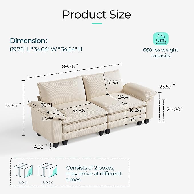 LINSY HOME 90" Modular Cloud Love Seat Sofa, Corduroy Soft Sectional Couch
