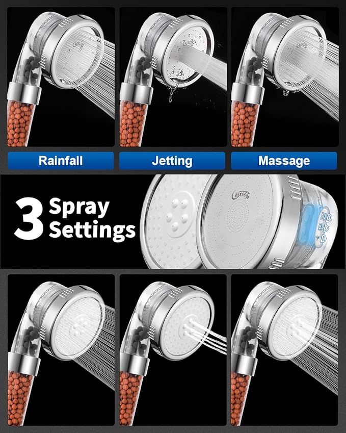 Filtered Shower Head for Hard Water, High Pressure 3 Modes Shower Heads with Handheld Spray, Water Softener Showerhead Set with Mineral Beads to Remove Chlorine & Fluoride for Dry Hair & Skin