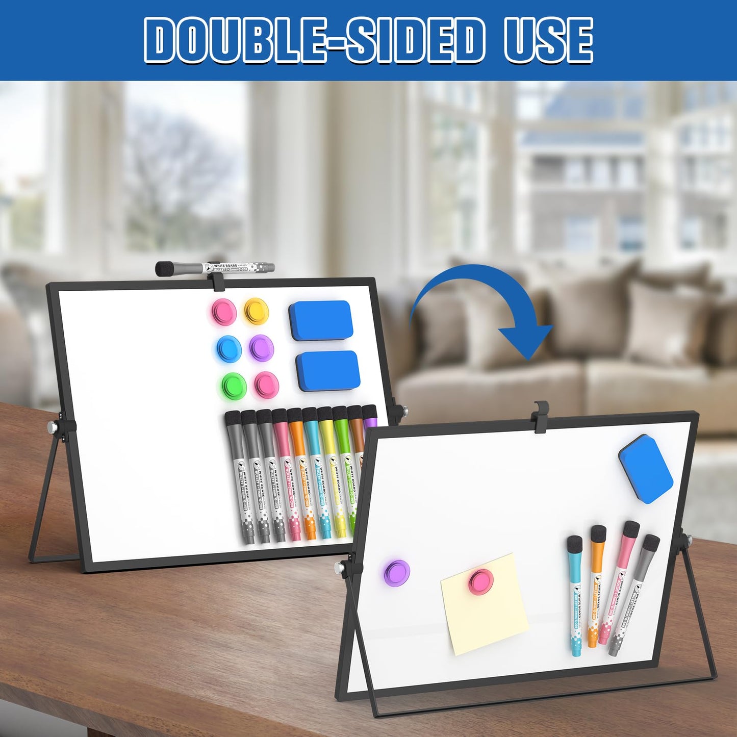 Grtard Dry Erase Magnetic White Board, 16''x12'' Double-Sided Desktop Whiteboard with Stand, Portable Small Whiteboard Set, Dry Erase Board for to-Do Lists, Drawing, Office, Home(Black)