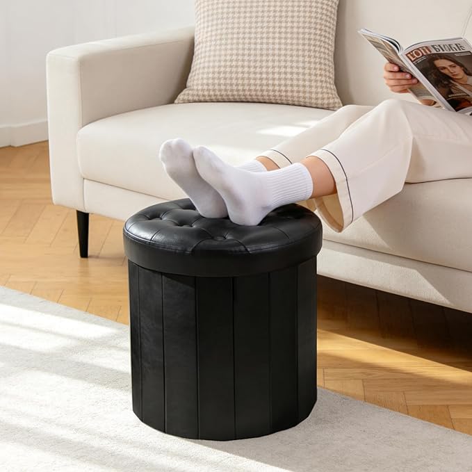 CAROLMADE Round Storage Ottoman, PU Leather Folding Footrest Stool